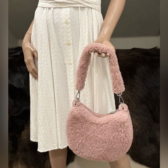 Dusty Rose Real Shearling Leather Half Moon Handbag with 2 Straps & Fur Charm - Picture 4 of 16